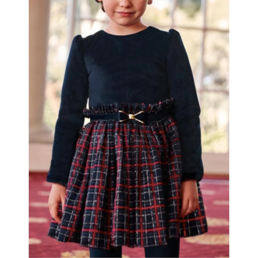 Abel & Lula Girls Navy Velvet Red Plaid Metallic Tulle Holiday Dress 7